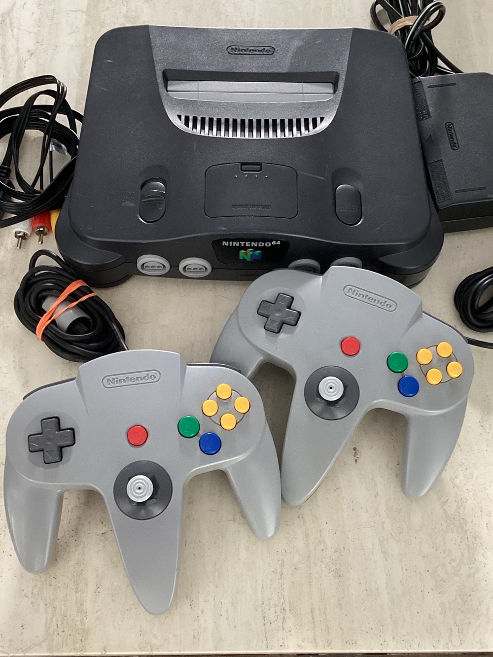 Nintendo 64 Console & Two Gray N64 Controllers OEM Tested